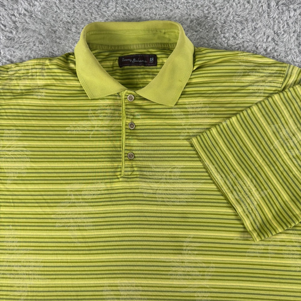Tommy Bahama 18 Golf Mens Large Lime Green Striped Tropical Floral Polo Shirt